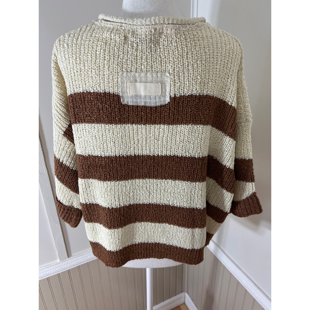 Zenana Striped Knit Sweater Deep Camel Cream V-Neck Short Sleeve L/XL - Picture 11 of 13